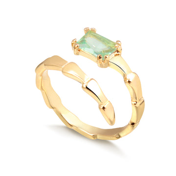 Anel escamas lisas envolvente e retângulo aqua e banho de ouro 18k