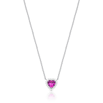 Colar prata 925 coração turmalina rosa entorno cravejado