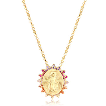 Colar medalha Nossa Senhora zircônias coloridas com banho de ouro 18k