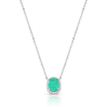 Colar oval com zircônia esmeralda colombiana entorno cravejado com banho de ródio branco