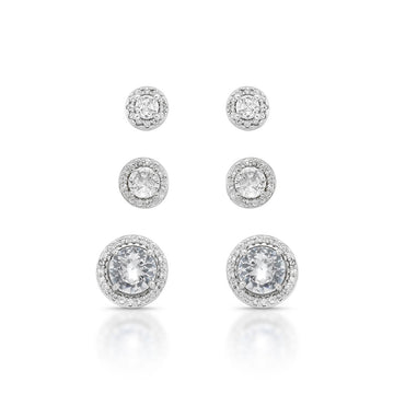 Trio de brincos ovais com zircônia cristal entorno cravejado com banho de ródio branco