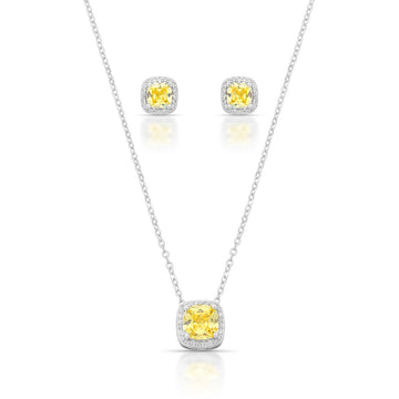 Conjunto quadrado com zircônia na cor citrino entorno cravejado e banho de ródio branco
