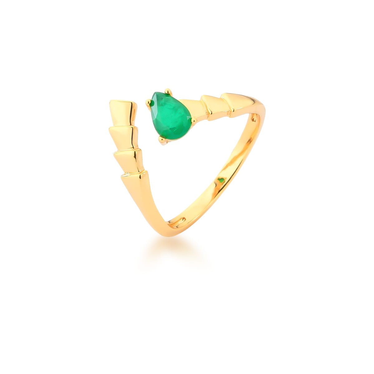 Anel escamas lisas com gota esmeralda aberto banhado a ouro 18k