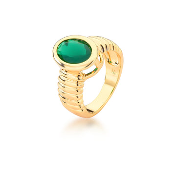 Anel oval esmeralda frisado dourado