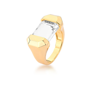 Anel retângulo cristal dourado