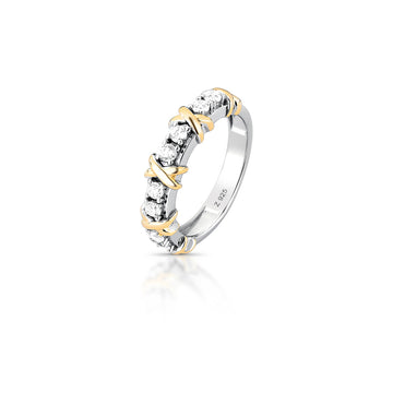 Anel prata 925 riviera Celina detalhe X dourado