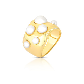 Anel largo com pérolas com banho de ouro 18k