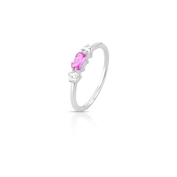 Anel prata 925 com zircônia baguete na cor turmalina rosa e banho de ródio branco