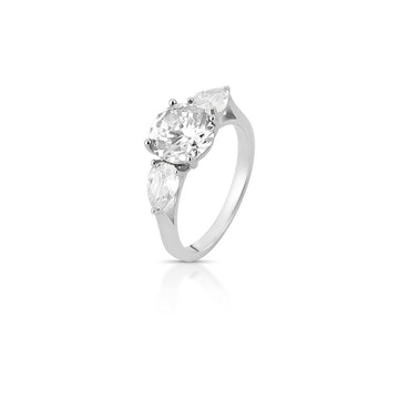 Anel em prata 925 oval central com gotas laterais cristal e banho de ródio branco