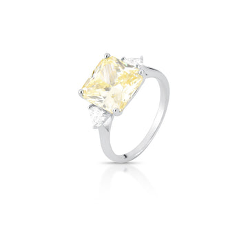 Anel prata 925 quadrado luxo com zircônia na cor citrino e banho de ródio branco