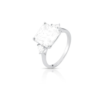 Anel prata 925 quadrado luxo com zircônia na cor cristal e banho de ródio branco
