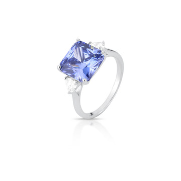 Anel prata 925 quadrado luxo com zircônia na cor tanzanita e banho de ródio branco