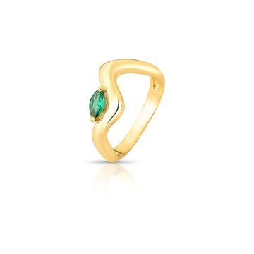 Anel ondulado com gota esmeralda e banho de ouro 18k