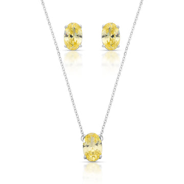 Conjunto oval com zircônia na cor citrino e banho de ródio branco
