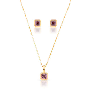 Conjunto quadrado rhodolite om banho de ouro 18k
