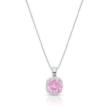 Colar quadrado rosa entorno cravejado e banho de ródio branco