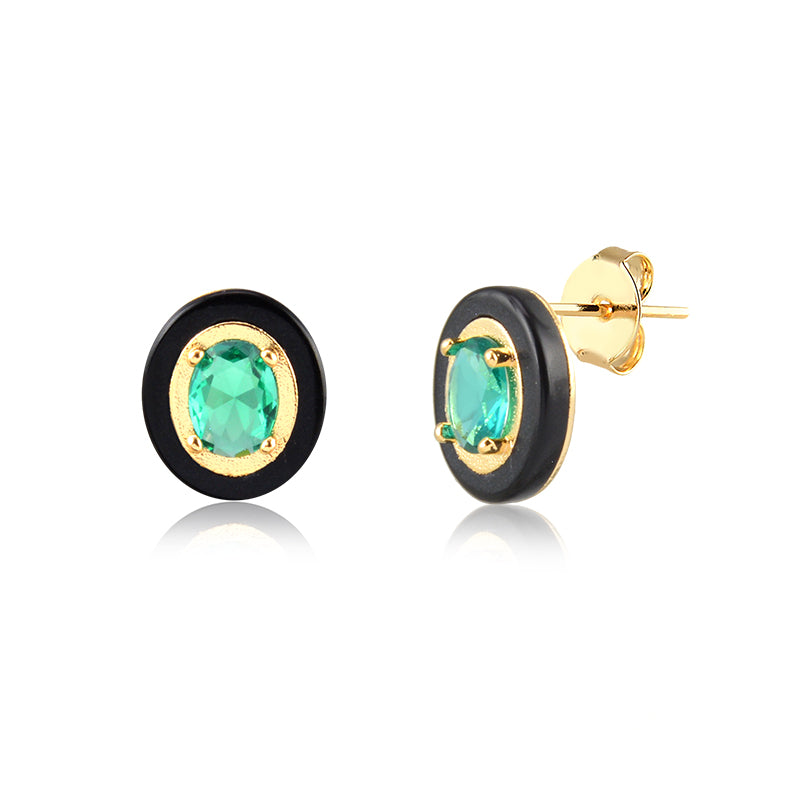 Brinco oval turmalina com resina preta com banho de ouro 18k