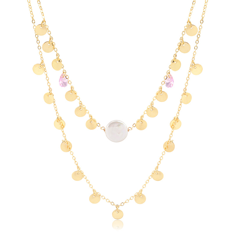 Colar duplo medalhas pérola e gota rosa com banho de ouro 18k