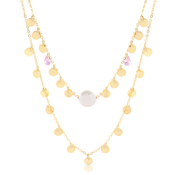 Colar duplo medalhas pérola e gota rosa com banho de ouro 18k