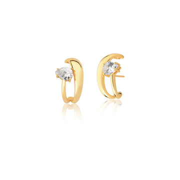 Brinco ear hook duplo liso com gota cristal dourado