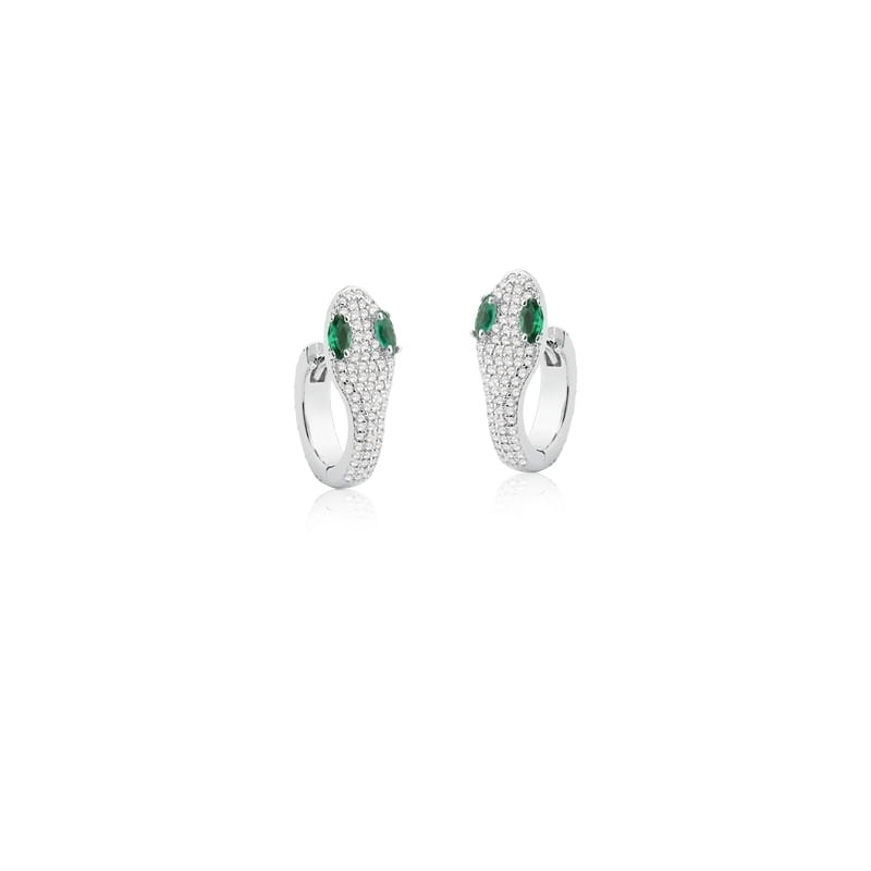 Brinco argola snake cravejada com detalhe esmeralda em ródio branco