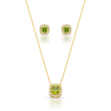 Conjunto quadrado com zircônia na cor peridoto entorno cravejado e banho de ouro 18k