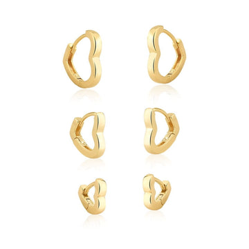 Trio de brincos argolas corações lisos dourado