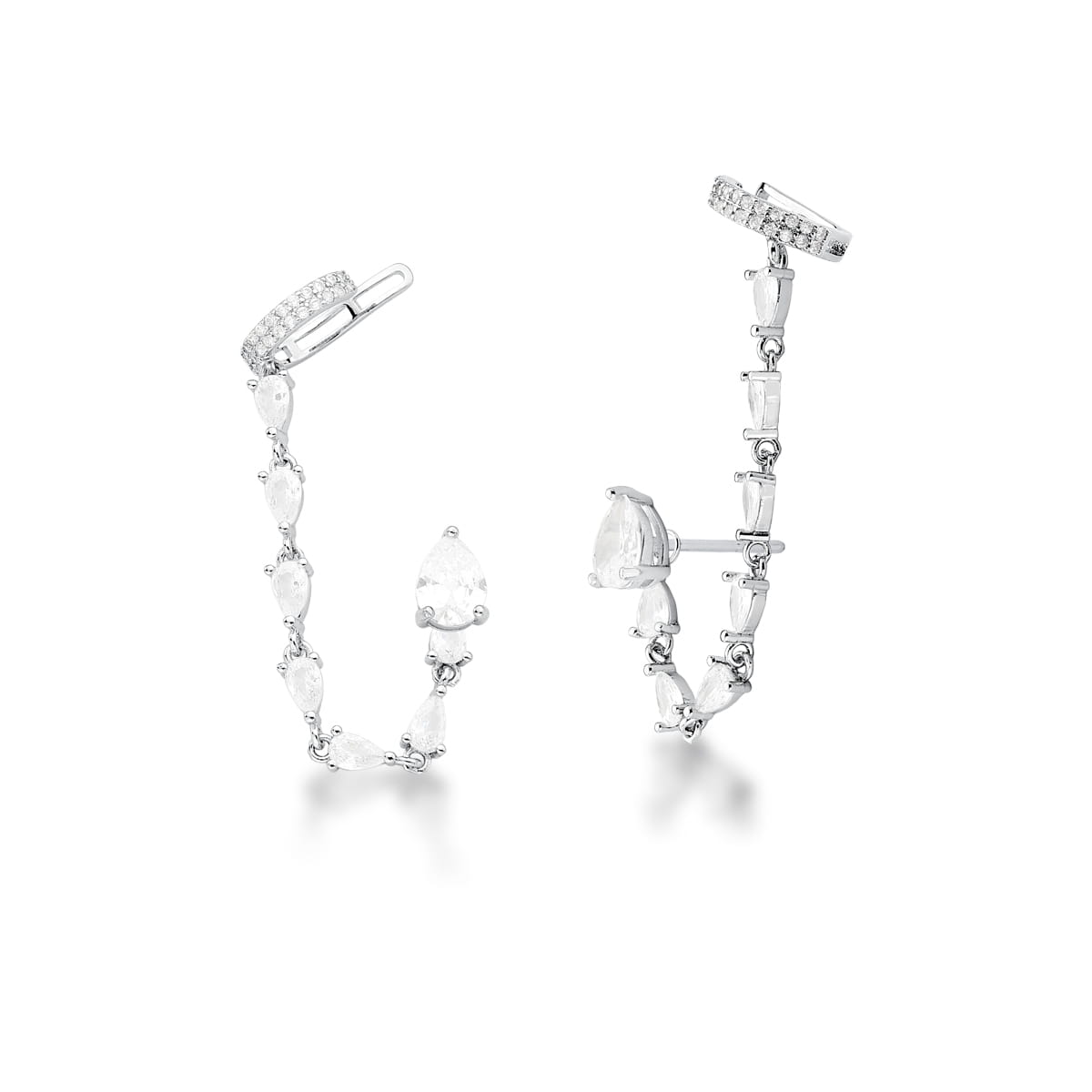 Brinco ear line 2 em 1 com zircônia cristal e piercing cravejado com banho de ródio branco