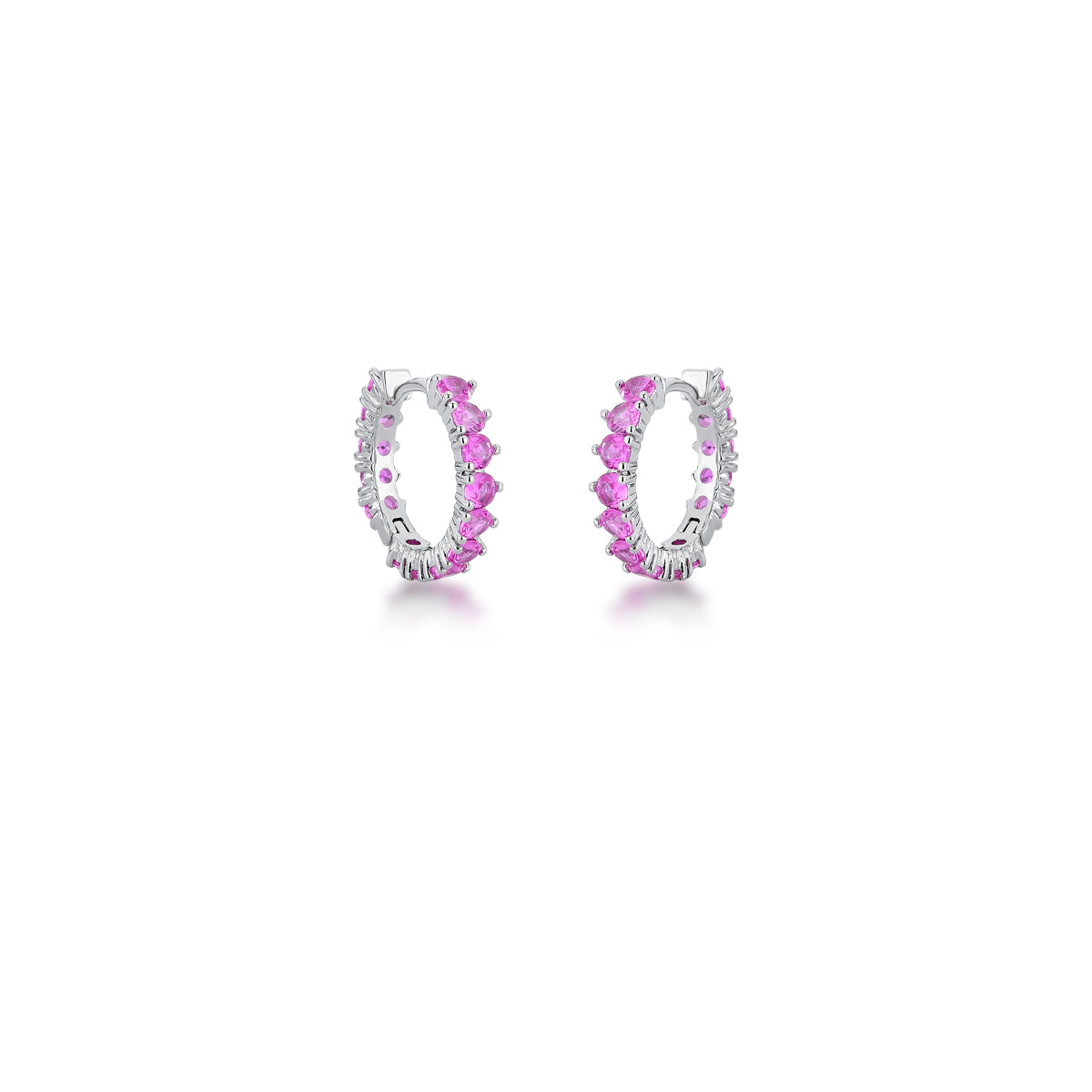 Brinco argola zircônia turmalina rosa com banho de ródio branco