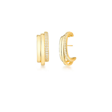 Brinco ear hook triplo liso e cravejado com banho de ouro 18k