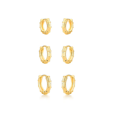 Trio de brincos argolinhas detalhe liso com banho de ouro 18k