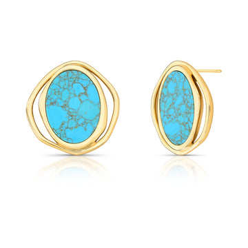 Brinco oval turquesa orgânico com banho de ouro 18k