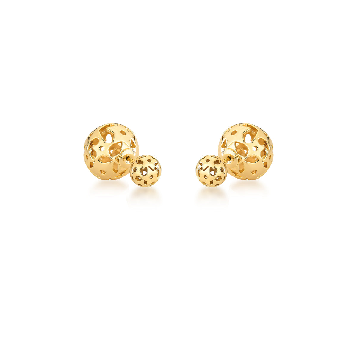 Brinco ear jacket estilo Dior com esfera vazada e banho de ouro 18k