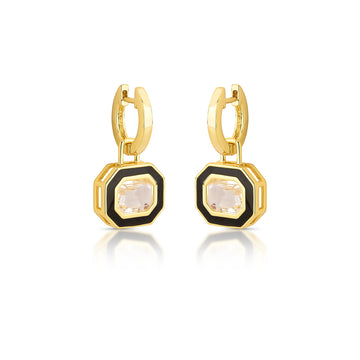 Brinco argola pingente cristal e resina preta com banho de ouro 18k