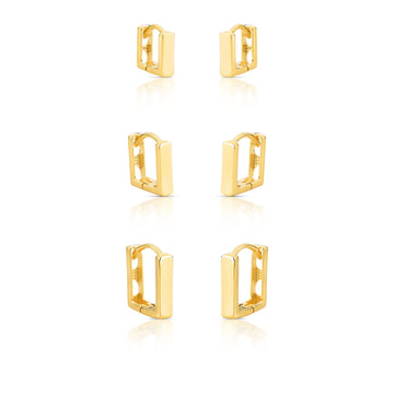 Trio de brinco argolas lisas quadradas com banho de ouro 18k