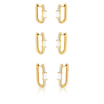 Trio de brincos retangulares cravejado detalhe cristal com banho de ouro 18k