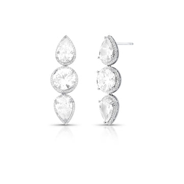 Brinco zircônias gotas e oval cristal entorno cravejado estilo pendulo com banho de ródio branco