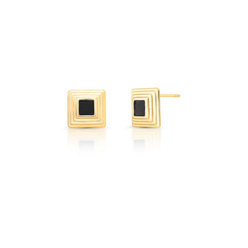 Brinco quadrado frisado com zircônia negra com banho de ouro 18k