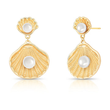 Brinco duplo concha com pérola e banho de ouro 18k