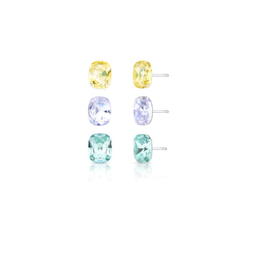 Trio de brincos retângulos coloridos com banho de ródio branco