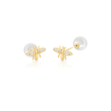 Brinco abelha com tarraxa pérola com banho de ouro 18k