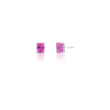 Brinco retângulo com zircônia na cor turmalina rosa e banho de ródio branco