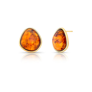 Brinco oval orgânico com pedra marrom mescla com banho de ouro 18k