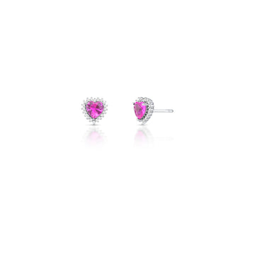 Brinco prata 925 coração turmalina rosa entorno cravejado