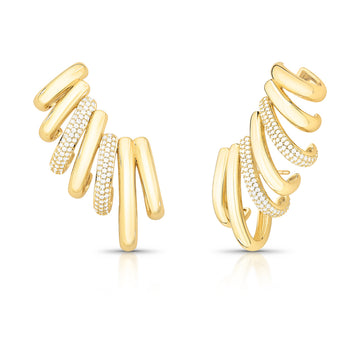Brinco ear cuff maxi linhas lisas e cravejadas com banho de ouro 18k