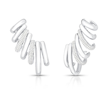 Brinco ear cuff maxi linhas lisas e cravejadas com banho de ródio branco