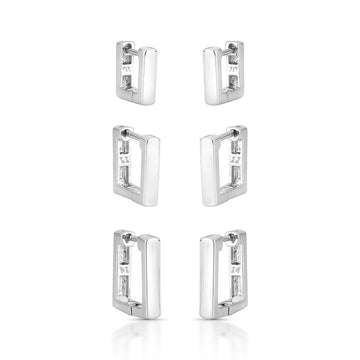 Trio de argolas quadradas com banho de ródio branco