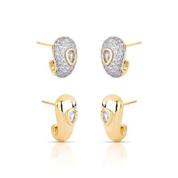 Brinco dupla de meia argola lisa e cravejada com banho de ouro 18k