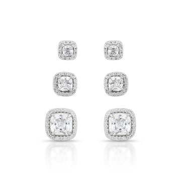 Trio de brincos quadrados com zircônia cristal entorno cravejado com banho de ródio branco