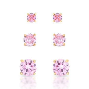 Trio de brincos rosa com banho de ouro 18k